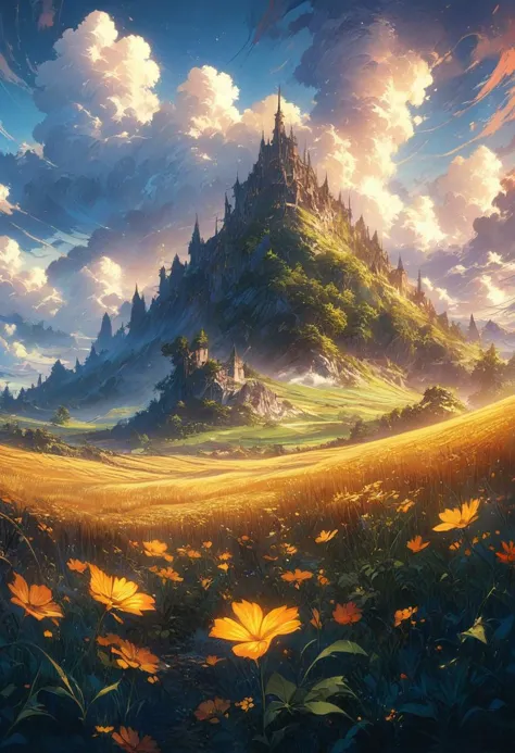 beautiful grain field, beautiful day, beautiful scenery, high quality, best aesthetics, masterpiece, illustrative details, anime illustration, digital art, no human,