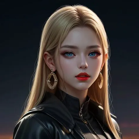 Woman an happy with blue eyes and natural breasts, red lips, blonde layered hair, hair between eyes, wearing black jacket, and adorned with earrings. The image is a masterpiece, ultra high resolution, and photorealistic with skin details, showcasing sharp focus and amazing, finely detailed beauty. The setting features neon lights and an atmospheric perspective, as she looks directly at the viewer.