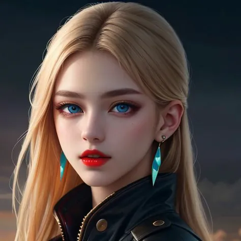 Woman an happy with blue eyes and natural breasts, red lips, blonde layered hair, hair between eyes, wearing black jacket, and adorned with earrings. The image is a masterpiece, ultra high resolution, and photorealistic with skin details, showcasing sharp focus and amazing, finely detailed beauty. The setting features neon lights and an atmospheric perspective, as she looks directly at the viewer.