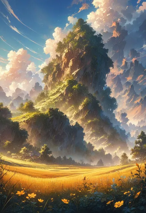 beautiful grain field, beautiful day, beautiful scenery, high quality, best aesthetics, masterpiece, illustrative details, anime illustration, digital art, no human,