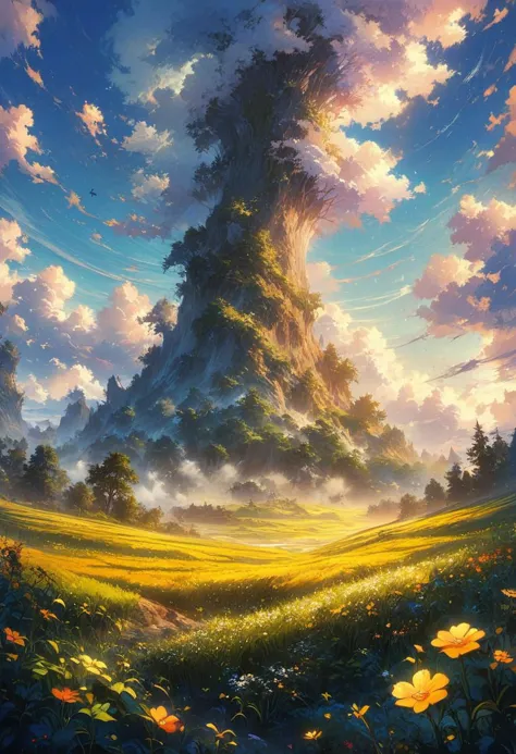 beautiful grain field, beautiful day, beautiful scenery, high quality, best aesthetics, masterpiece, illustrative details, anime illustration, digital art, no human,