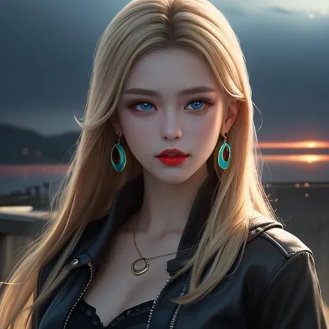 Woman an happy with blue eyes and natural breasts, red lips, blonde layered hair, hair between eyes, wearing black jacket, off shoulder, and adorned with earrings. The image is a masterpiece, ultra high resolution, and photorealistic with skin details, showcasing sharp focus and amazing, finely detailed beauty. The setting features neon lights and an atmospheric perspective, as she looks directly at the viewer.