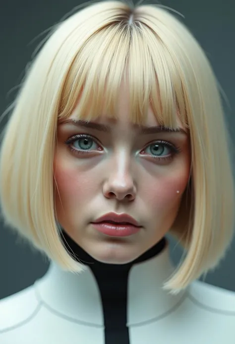 A female android portrait, blonde bobcut, showing a  flawless face with small hints that she is not human