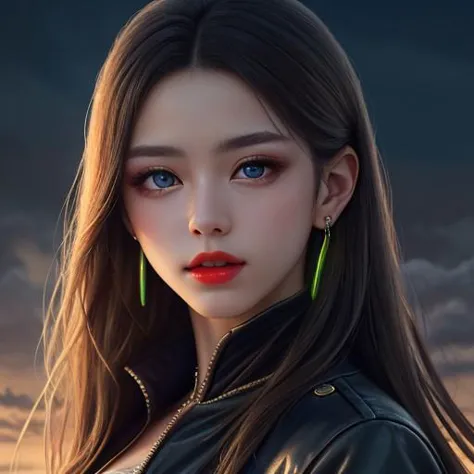 Woman an happy with blue eyes and natural breasts, red lips, blonde layered hair, hair between eyes, wearing black jacket, and adorned with earrings. The image is a masterpiece, ultra high resolution, and photorealistic with skin details, showcasing sharp focus and amazing, finely detailed beauty. The setting features neon lights and an atmospheric perspective, as she looks directly at the viewer.