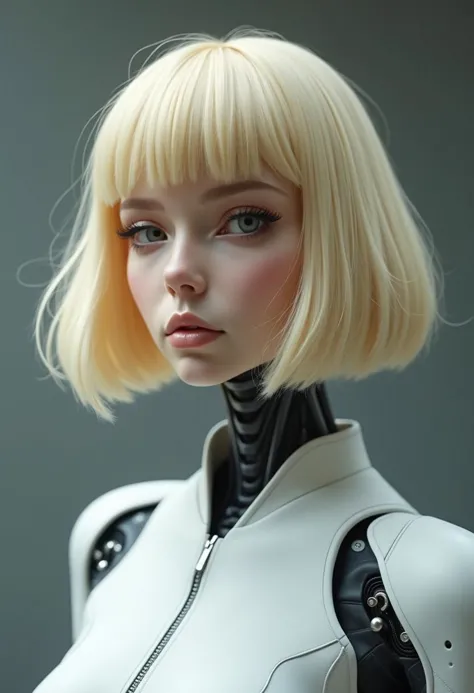 A female android portrait, blonde bobcut, showing a  flawless face with small hints that she is not human