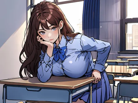 masterpiece, best quality, 1girl, solo, long hair, breasts, bangs, big breasts, shirt, red hair, bow, brown eyes, sitting, school uniform, white shirt, indoors, bowtie, window, blue bow, chair, curtains, desk, head rest, classroom, school desk