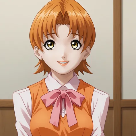 <lora:MayumiFujiyamaXLpony001>,
parted lips,
solo,
MayumiFujiyama,1girl,orange hair,short hair,yellow eyes,
medium breasts,
white shirt,long_sleeves,pink ribbon tie,orange vest,
orange pencil_skirt,
parted lips,smile,