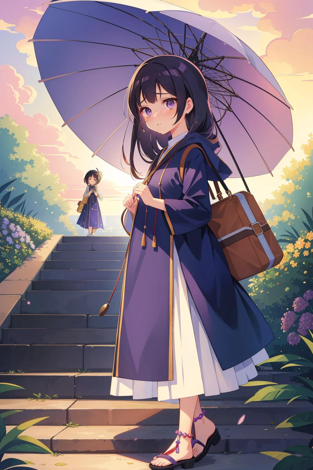 Anime girl with umbrella standing on steps in a garden - SeaArt AI