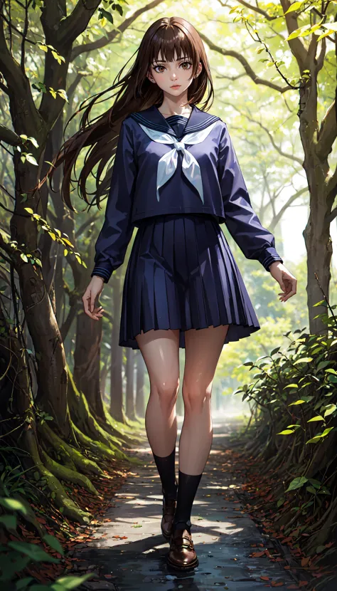 anime girl in a blue dress walking down a path in the woods