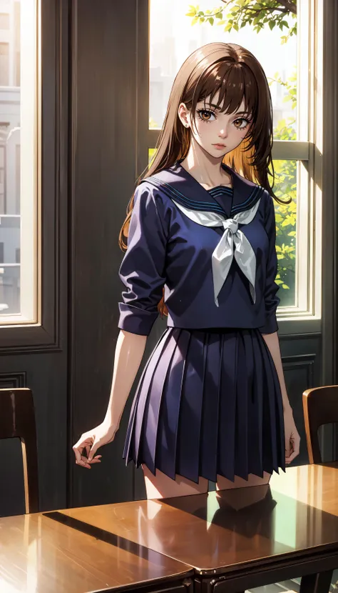 photorealistic, (4k), depth of field, (Masterpiece), (realistic skin texture), extremely detailed, intricate, hyper detailed, professional photography, bokeh, high resolution, sharp detail, best quality, girl, long hair, brown hair, bangs, brown eyes, blue school uniform, blue shirt, blue pleated skirt, <lora:GoodHands-vanilla:0.4>, <lora:detail_slider_v4:0.8> , dynamic pose, feminine pose , <lora:Mimiko Hasaba-000004:0.8>, cafe, light rays, soft lighting,