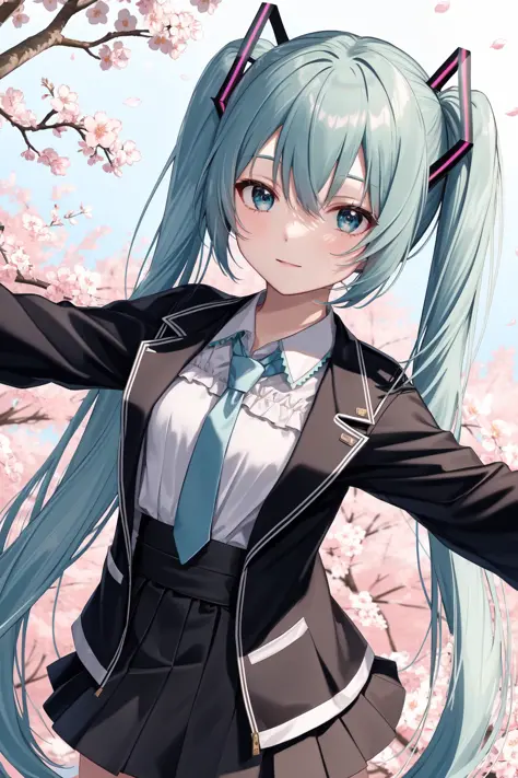 open jacket, open hand,open hands, outstretched_arms,cherry blossoms, cherry hair ornament, hanami,, highres,, 1girl hatsune_miku