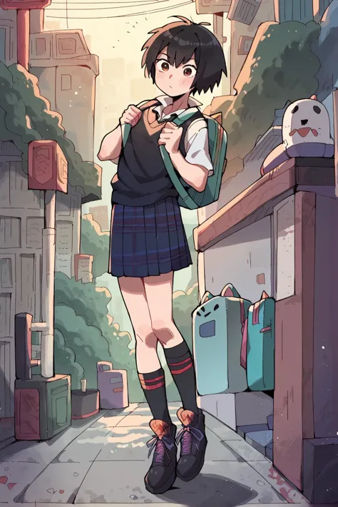 a cartoon girl in a school uniform is standing on a sidewalk