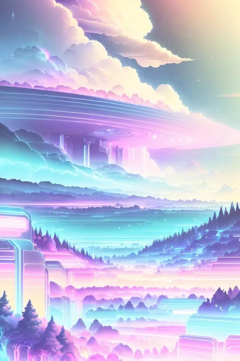 (rolling hills landscape) , stary night,     <lora:kawaiitech-20:0.8> kawaiitech, pastel colors, kawaii, cute colors, scifi,  <l...