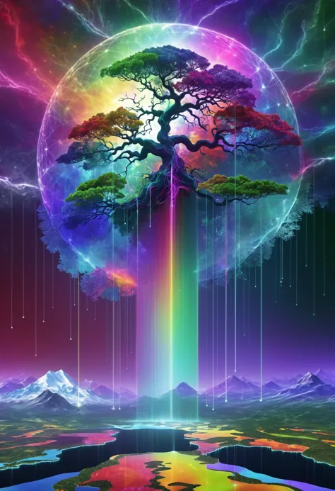 a tree with a rainbow light in the middle of it