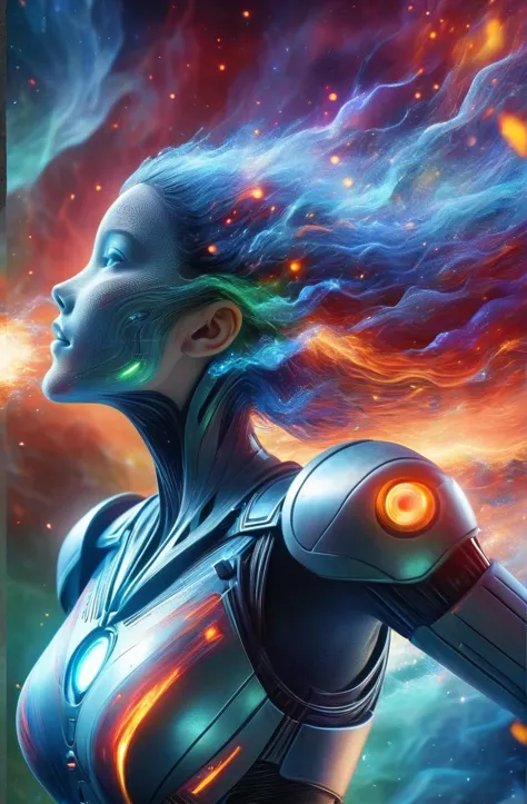 DonMD1g174l4sc3nc10nXL close-up a cyberwoman in a nebula, dynamic angle,cyberbio, cyberorganic, digitalize, slender, stunning, B...