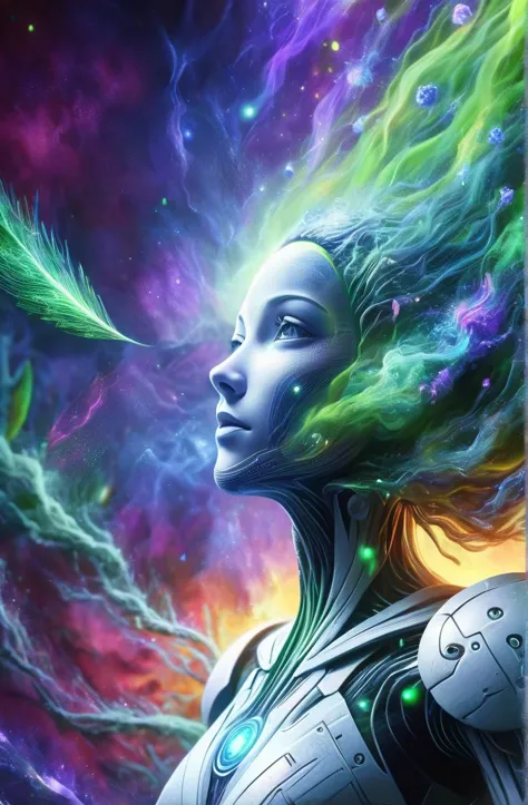 a woman with green hair and a futuristic suit stands in front of a colorful galaxy