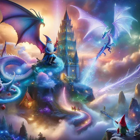 a painting of a dragon flying over a castle with a castle in the background