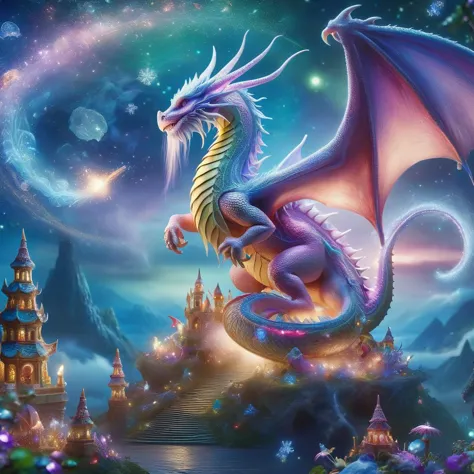 a dragon flying over a castle with a full moon in the background