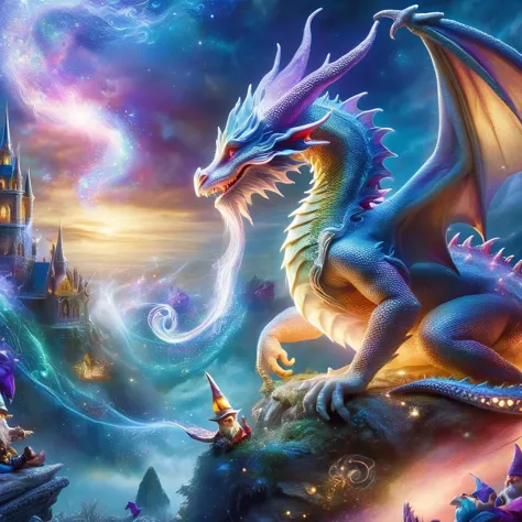 a dragon with a wizard hat and a wizard wand is flying over a castle