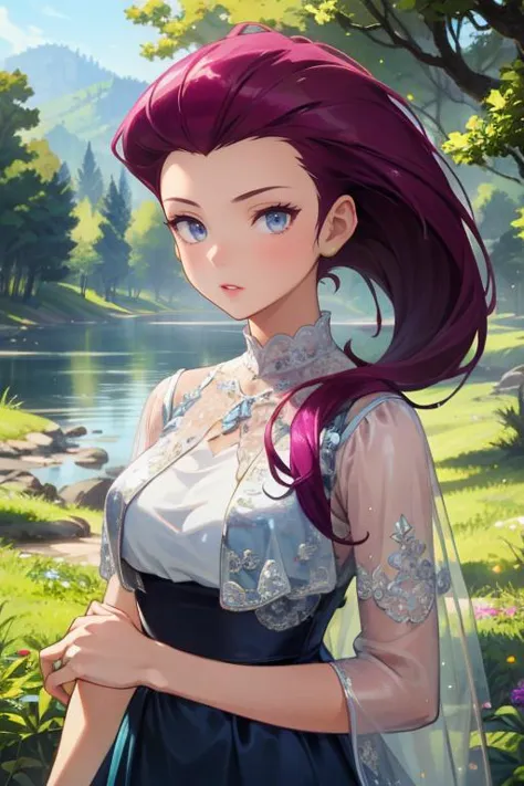 upper body, portrait, masterpiece, best quality, 1girl, solo, puffy lips, jessie pokemon, hair slicked back, long hair, purple hair, blue eyes, evening dress, see-through dress, outdoors, scenic view, looking at viewer, beautiful and aesthetic, professional illustration, amazing, official art, hires