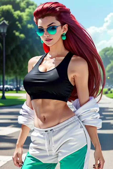((best quality:1.2)), ((highly detailed:1.2)), (masterpiece:1.2), ((official art)), detailed face, beautiful face, (detailed eyes, deep eyes), (1girl:1.33, solo), full body,  jessie\(pokemon\), very long hair, red hair, hair slicked back, (cyan eyes), earr...