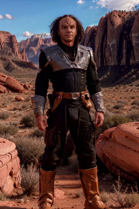 arafed man in a black and silver outfit standing in the desert