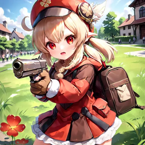 anime girl with a gun in a field of flowers