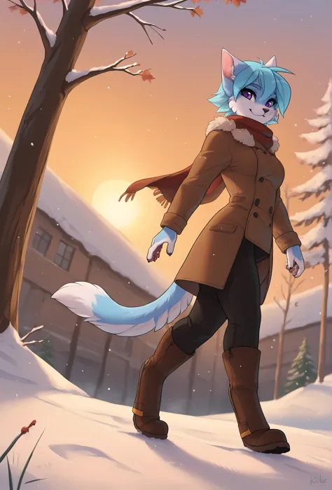 a cartoon picture of a cat in a coat and boots walking in the snow