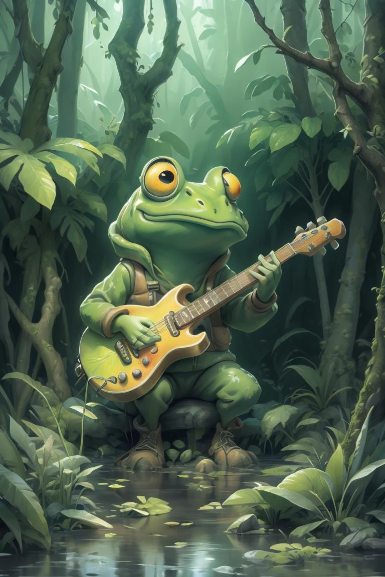 un crapaud jouant de la guitare dans un marais de conifères de haute qualité,