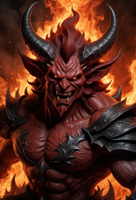 Comic style, realistic shading, airbrushed, soft edges,, a horrifying red-skinned male demon king, (body portrait:1.3), (detaile...