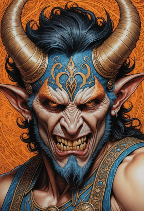 beautifully detailed colored pencil sketch by frank miller and brom, vibrant colors, close up portrait, (the great god Pan, intricately detailed monster male masculine faun face:1.2), rams horns, evil eyes, filigree, (anger, rage hate, ornate helm, monstrous, pointed teeth:1.4), animal like facial features, wide sinister grin, coloring pencil Drawing, high contract