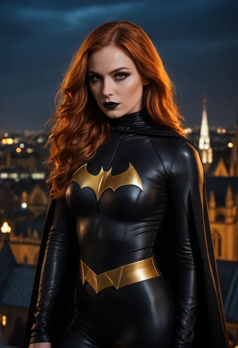 cinematic film still , night time, long wet wavy ginger hair, ((nubile toned superhero on a gothic cathedral roof top)), batgirl...
