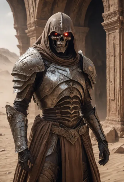 an armored skeleton standing in the desert ruins,( in an intricately detailed full rusted plate armor set, torn shreds of cloth,...