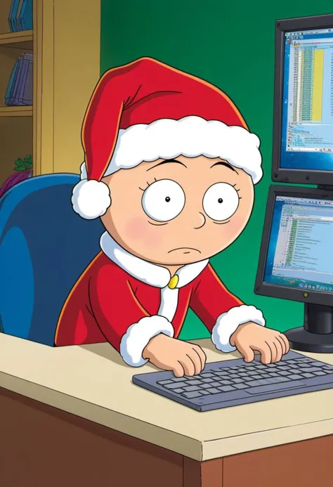 Stewie Griffin from the Family Guy, wearing Santa Hat, hacking on computer