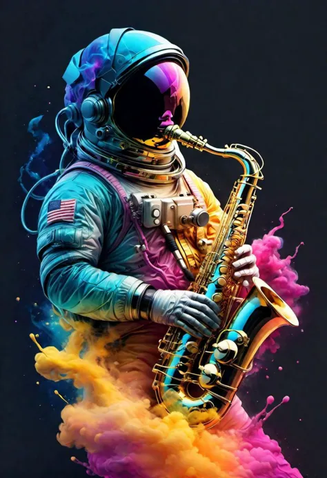creative  illustration of an astronaut playing saxophone, nebula space,  digital art by alberto sevezo ,sketch, black,electric b...