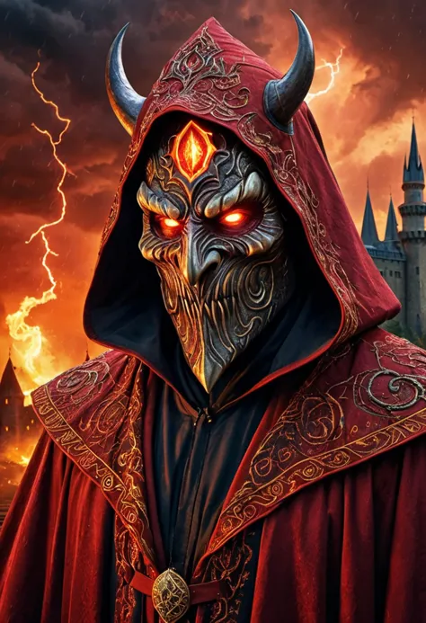 professional digital art, terrifying evil wizard with a detailed monstrous Festima mask, (intricately detailed evil mask:1.3), b...