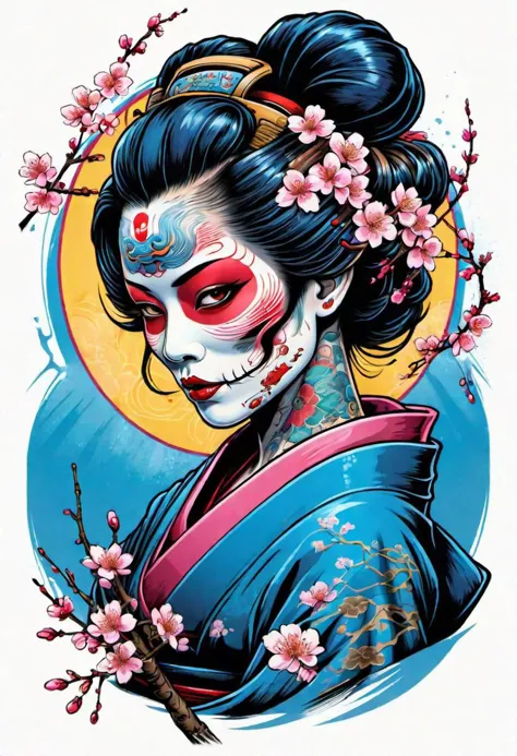 creative  illustration of a tattooed geisha with gaz mask , cherry blossom, skulls, japanese writing, fantasy style by dan mumfo...