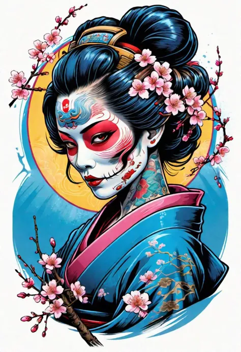 creative  illustration of a tattooed geisha with gaz mask , cherry blossom, skulls, japanese writing, fantasy style by dan mumford, frank franzetta, sketch, white, electric pink, blue, red and yellow outlines, bright colors, logo style, negative space