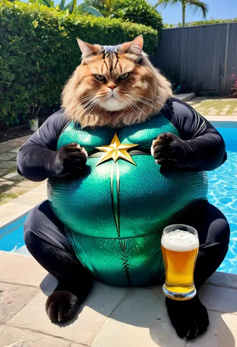 Photo of obese cat dress as Aquaman enjoying a beer beside a swimming pool