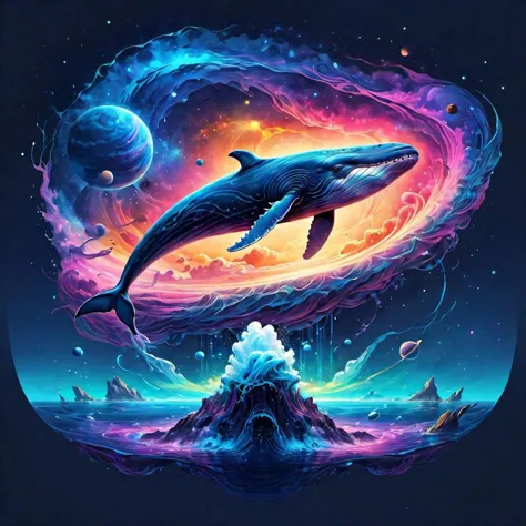 creative illustration of a blue whale, nebula, space, planets, , fantasy style by dan mumford, aex janvier, sketch, bold outline...