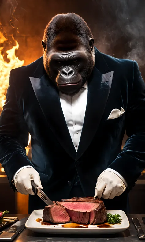 masterpiece, aesthetic, ultra detailed, Roland Gorilla in a suit cutting steak meat grilled medium well done, A suit made of vel...