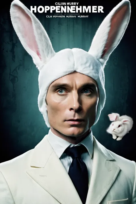 a close up of a person wearing a bunny hat and a suit