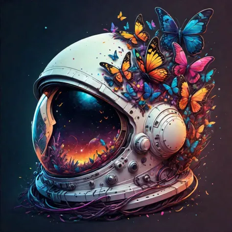 Creative illustration of an astronaut helmet surrounded by colorful butterflies, digital art  style by dan mumford, alex janvier...