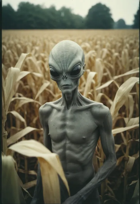 candid upper body Polaroid photograph of an alien in a cornfield, a grey in a cornfield, grainy, bad quality, motion blur, backl...
