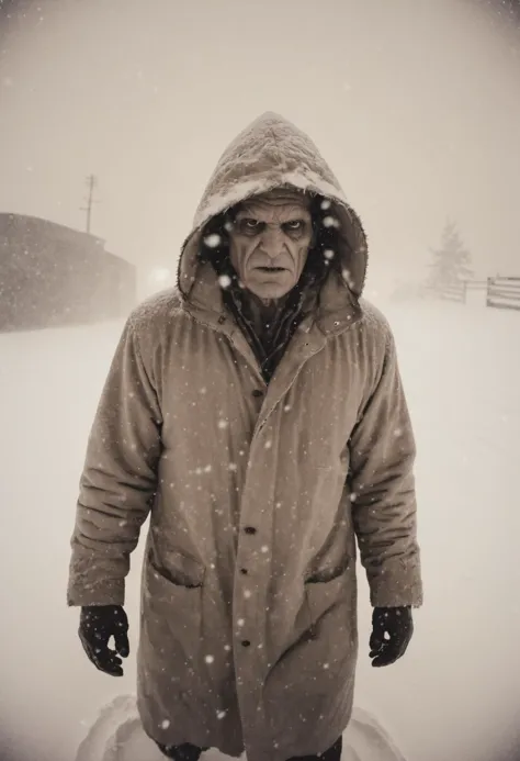 candid upper body sepia Polaroid photograph of frankenstein monster walking the snowy tundra through a blizzard at night, scars,...
