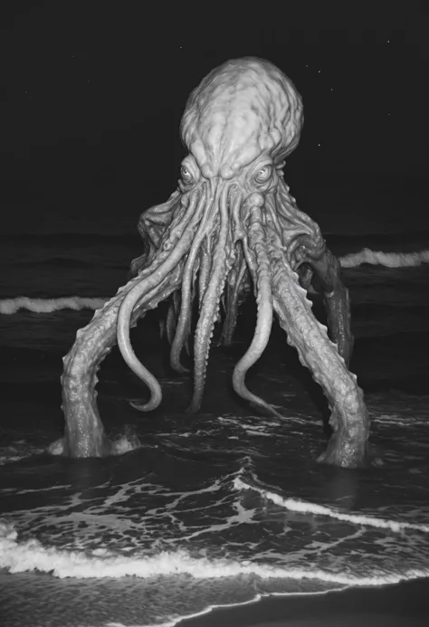 black and white candid Polaroid photograph of a very large mutated cthulhu monster rising from the sea at night, dark coastline,...