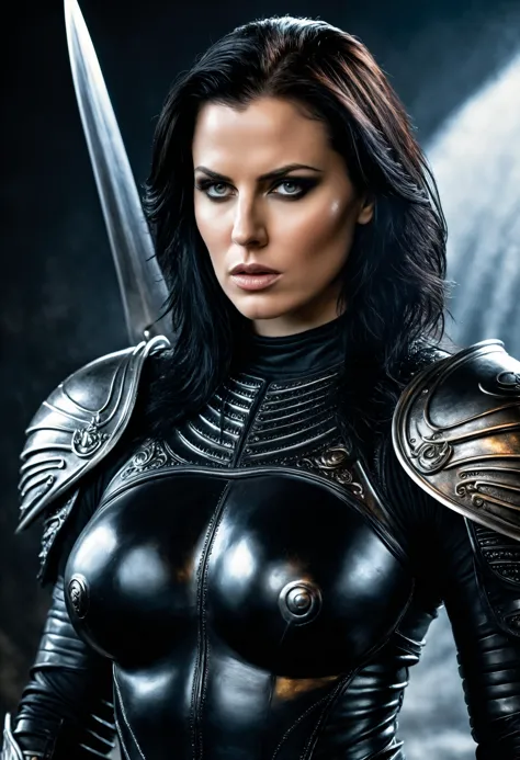 (8K, masterpiece, award winning photo:1.3), (ultra highres, absurdres, ultradetailed, sharp focus, realistic colors:1.2), (hyperdetailed photo of a busty female fighter with black armor, pale skin), style of Boris Vallejo and H R Giger, (perfect lighting, detailed shadows, detailed textured skin, sweaty:1.1).