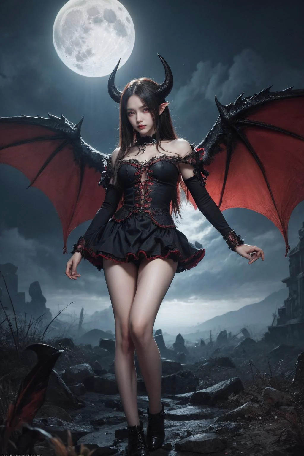 masterpiece, (best quality:1.2), [:intricate details:0.2], demon girl, skirt, (red eyes:1.3), demon horns, demon wings, demon tail, enchanting gaze, captivating pose, otherworldly charm, mystical sky, moonlit night, cloud,