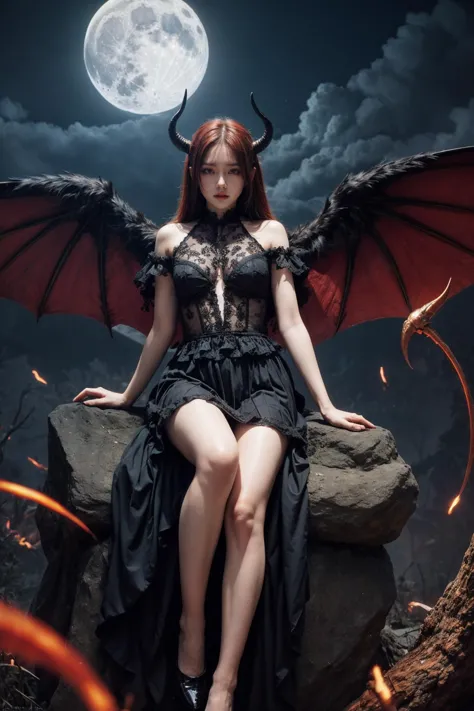 masterpiece, (best quality:1.2), [:intricate details:0.2], demon girl, skirt, (red eyes:1.3), demon horns, demon wings, demon ta...
