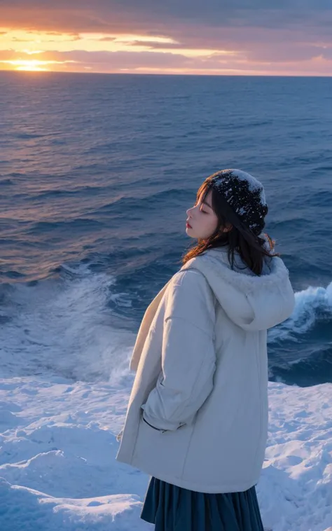 a woman standing on a snowy cliff looking out at the ocean